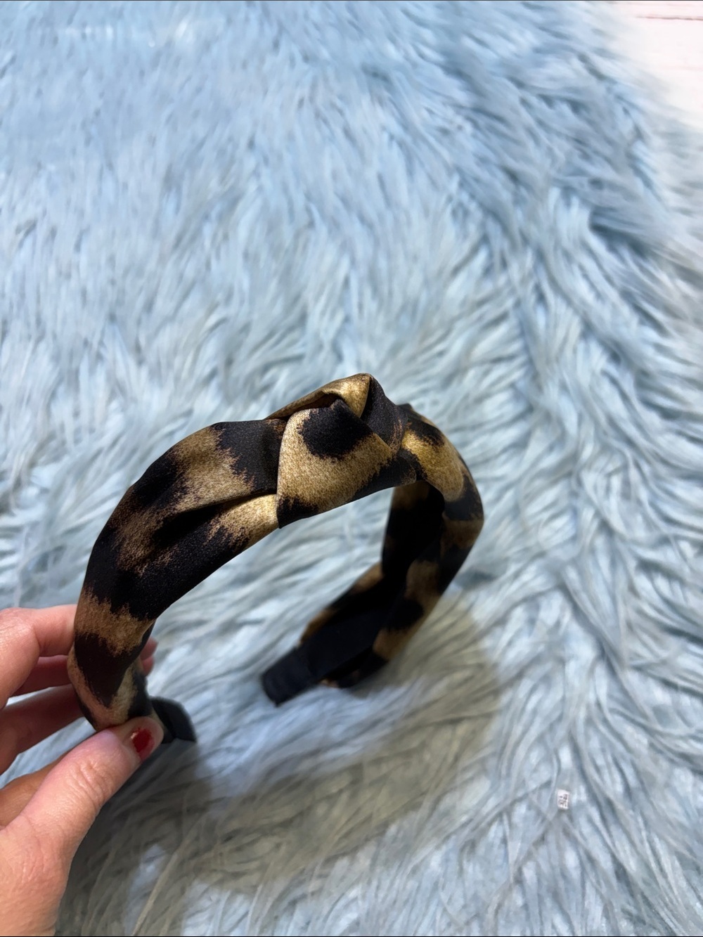 Women’s Knotted Satin Headband in Black and Gold Animal Print